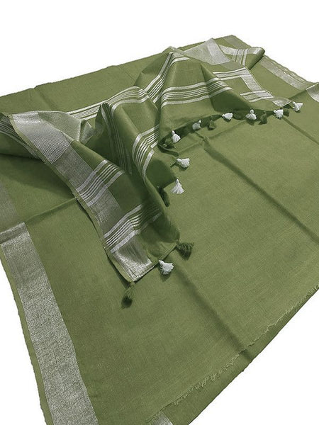 Reseda Green women's Bhagalpuri Linen Saree With Blouse Piece - View 3