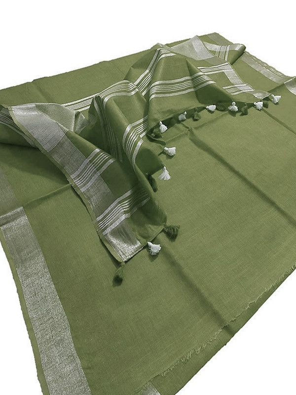 Reseda Green women's Bhagalpuri Linen Saree With Blouse Piece - View 3