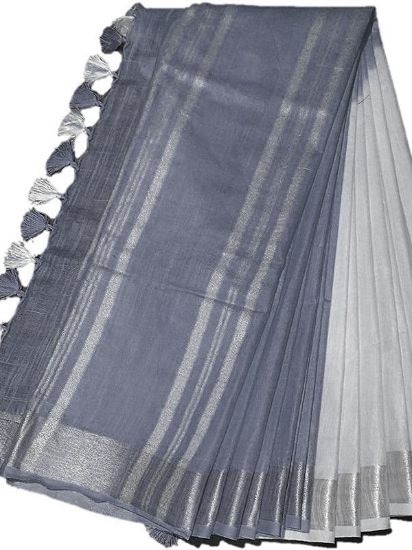 Grey women's Bhagalpuri Linen-Slub Blend Two Dye Saree With Blouse Piece