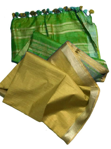 Kelly Green & Equator Tan Bhagalpuri Handloom women's Ethnic Wear Cotton Slub Blend Two Dye Saree With Running Unstitched Blouse Piece - View 2