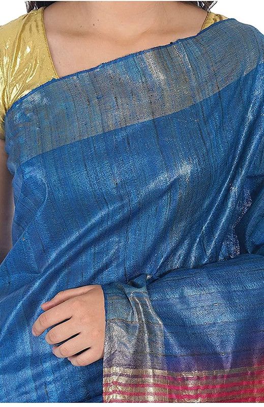 Bhagalpuri Tussar Ghicha Silk Pure Two Dye Saree with Blouse Piece (Deny_Blue & Fuzy_Pink) - View 3