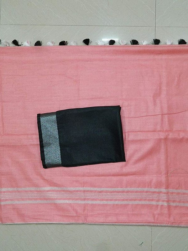 Pink-Black women's Handloom Bhagalpuri Cotton Linen Blend Saree Ethnic Wear With Contrast Unstitched Blouse Piece - View 8