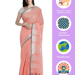 Coral Pink women's Bhagalpuri Handloom Cotton Linen Blend Saree With Contrast Unstiched Blouse Piece - View 2