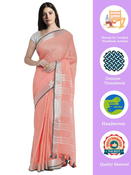 Coral Pink women's Bhagalpuri Handloom Cotton Linen Blend Saree With Contrast Unstiched Blouse Piece - View 2