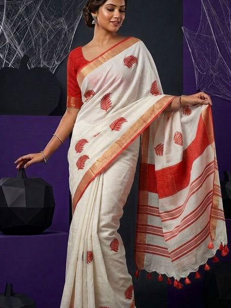 Handwoven Bhagalpuri Linen Blend Embroidered Saree Golden Zari Border With Contrast Blouse Piece(White_Red)