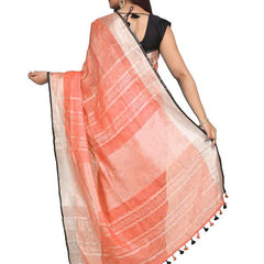 Carol Orange women's Bhagalpuri Blend Linen Saree With Black Pipine Contrast Blouse Piece - View 2