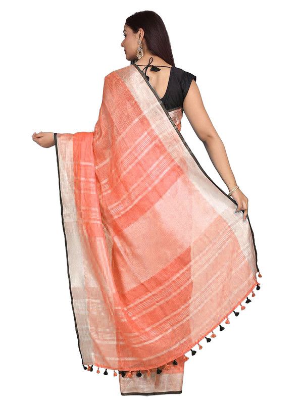 Carol Orange women's Bhagalpuri Blend Linen Saree With Black Pipine Contrast Blouse Piece - View 2