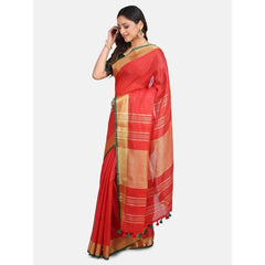 Linen Cotton Blend Contrast Handloom Bhagalpuri Saree (Gold-Red-Dark_Green ) - View 2
