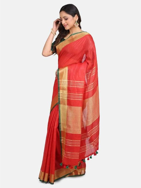 Linen Cotton Blend Contrast Handloom Bhagalpuri Saree (Gold-Red-Dark_Green ) - View 2