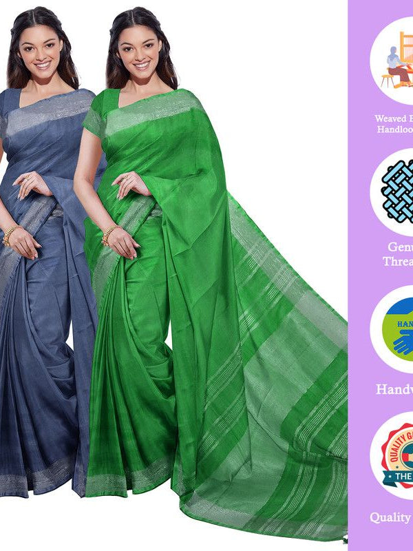 Bhagalpuri Handloom Cotton-Linen Blend Saree Combo (Pack Of 2) With Running Unstiched Blouse Piece - View 2