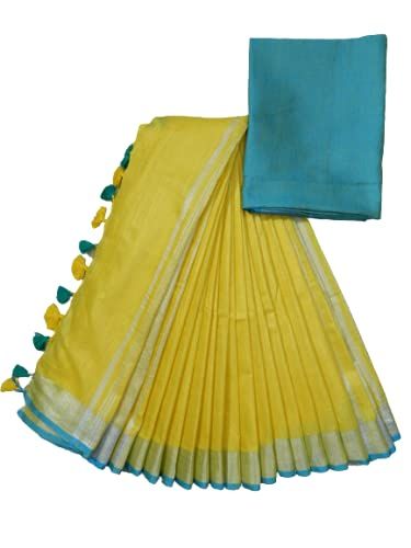 Yelllow-Cyan women's Handloom Bhagalpuri Cotton Linen Blend Saree Ethnic Wear With Contrast Unstitched Blouse Piece