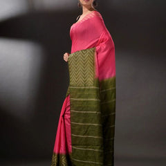 Bhagalpuri Semi Tussar Silk Handloom Two Dye Saree (Poppy_Pink & Thatchy_Green) - View 3