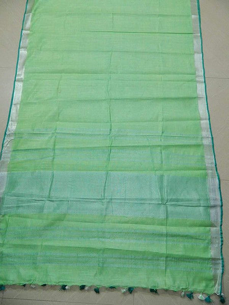Light Green-Cyan women's Handloom Bhagalpuri Linen Cotton Blend Saree Ethnic Wear With Contrast Unstitched Blouse Piece - View 5