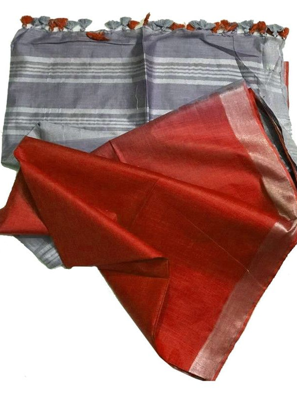Grey & Engineering Orange women's Ethnic Wear Bhagalpuri Handloom Linen Blend Two Dye Saree With Running Unstitched Blouse Piece