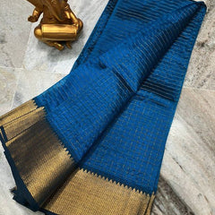 Cotton Silk Handloom Bhagalpuri Wide Border Check Saree (Gold-Neon_Blue)