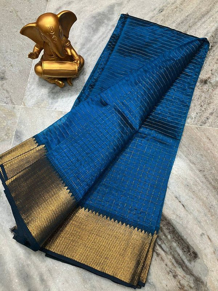 Cotton Silk Handloom Bhagalpuri Wide Border Check Saree (Gold-Neon_Blue)