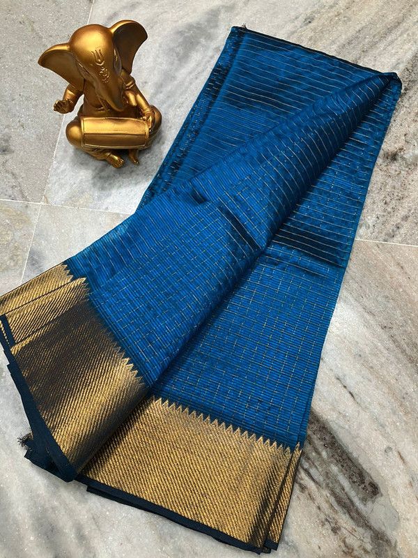 Cotton Silk Handloom Bhagalpuri Wide Border Check Saree (Gold-Neon_Blue)