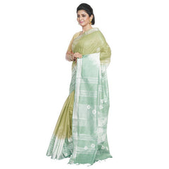 Moss Green & Celadon Green women's Bhagalpuri Handloom Cotton Linen Slub Blend Tie Two Dye (Sibory Two Dye) Saree With Running Unstitched Blouse Piece