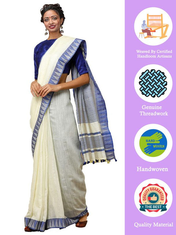 Off-White women's Bhagalpuri Handloom Kota Silk Temple Border Saree And Variation Of Colors With Striped Blouse Piece - View 2