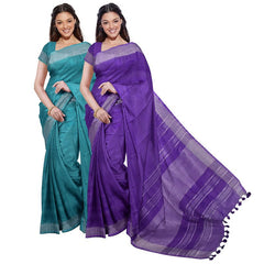 Cyan & French Violet women's Bhagalpuri Handloom Cotton-Linen Blend Saree Combo (Pack Of 2) With Running Unstiched Blouse Piece