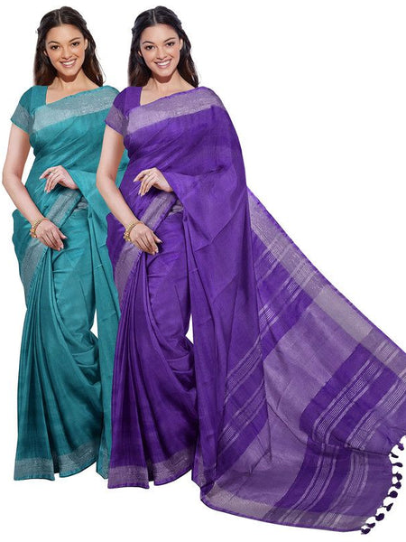 Cyan & French Violet women's Bhagalpuri Handloom Cotton-Linen Blend Saree Combo (Pack Of 2) With Running Unstiched Blouse Piece