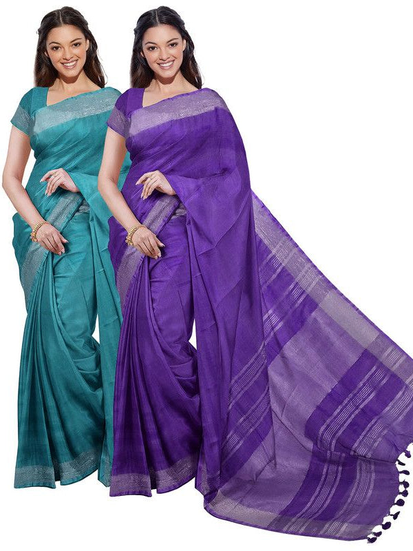 Cyan & French Violet women's Bhagalpuri Handloom Cotton-Linen Blend Saree Combo (Pack Of 2) With Running Unstiched Blouse Piece