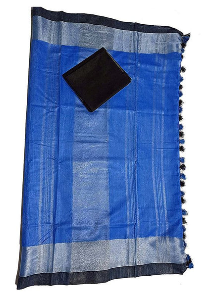 Bhagalpuri Handloom women's Linen Slub Blend Saree With Black Pipin Contrast Blouse Piece - View 3