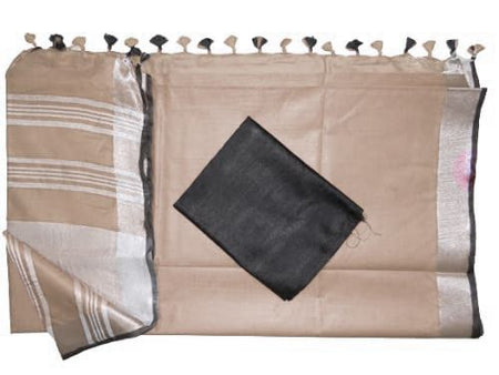 Brown women's Bhagalpuri Blend Linen Saree With Black Pipin Contrast Blouse Piece