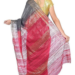 Grey & Cerise Pink Tussar Ghicha Silk Handloom Bhagalpuri Saree with Zari Border - View 5