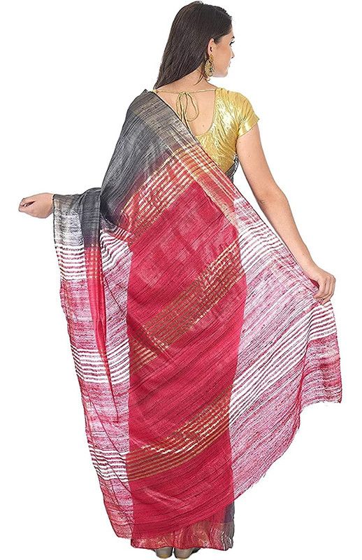 Grey & Cerise Pink Tussar Ghicha Silk Handloom Bhagalpuri Saree with Zari Border - View 5