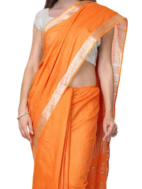 Orange women's Handloom Bhagalpuri Cotton Linen Slub Blend Zari Border Saree Ethnic Wear With Running Unstitched Blouse Piece - View 7