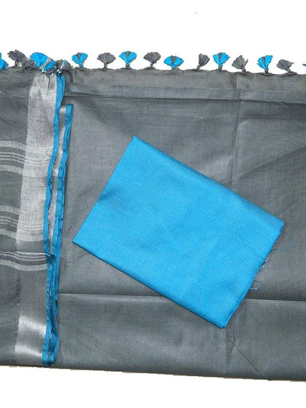 Grey-Cyan women's Bhagalpuri Blend Linen Saree With Contrast Blouse Piece
