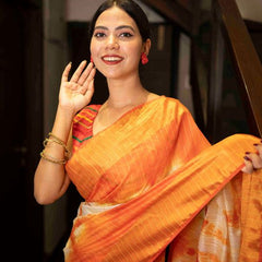 Sibory Handloom Bhagalpuri Silk Bandhani Dye Sequins Striped Saree (Yellowish_Orange) - View 8