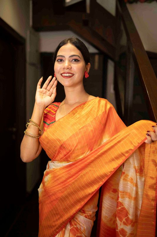 Sibory Handloom Bhagalpuri Silk Bandhani Dye Sequins Striped Saree (Yellowish_Orange) - View 8