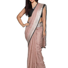 Rosy Brown women's Bhagalpuri Blend Linen Saree With Black Pipine Contrast Blouse Piece
