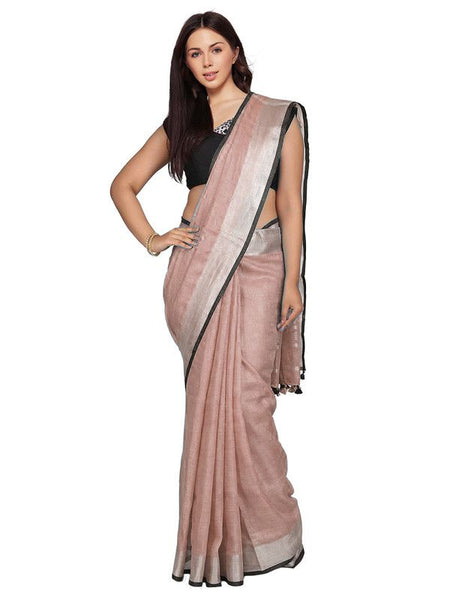 Rosy Brown women's Bhagalpuri Blend Linen Saree With Black Pipine Contrast Blouse Piece