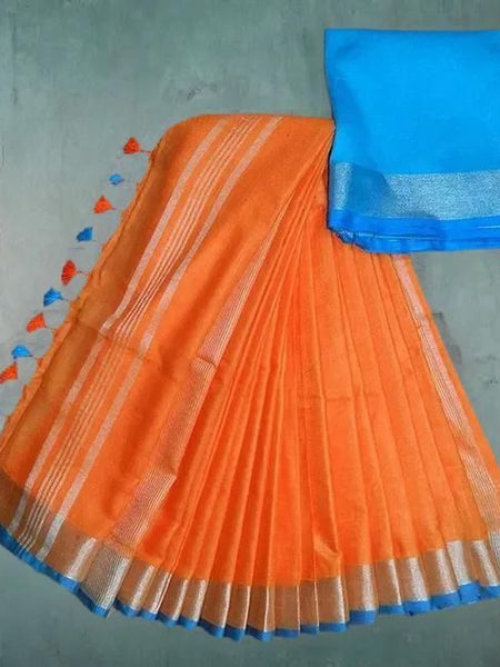 Orange women's Bhagalpuri Blend Linen Saree With Free Contrast Blouse Piece
