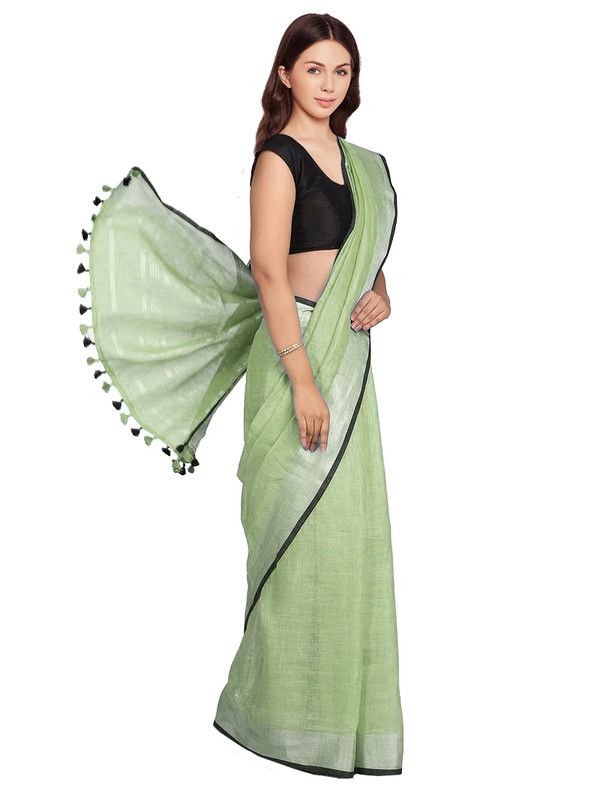 Pistachio Green women's Bhagalpuri Blend Linen Saree With Black Pipine Contrast Blouse Piece - View 2