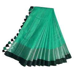 Aquamarine Green Bhagalpuri Handloom women's Linen Slub Blend Saree With Black Pipin Contrast Blouse Piece - View 5