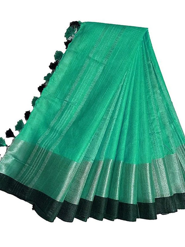 Aquamarine Green Bhagalpuri Handloom women's Linen Slub Blend Saree With Black Pipin Contrast Blouse Piece - View 5