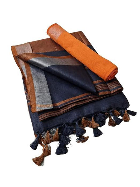Handloom Bhagalpuri Linen Cotton Blend Contrast Border Saree for Women (Egyptian_Blue-Orange) - View 2