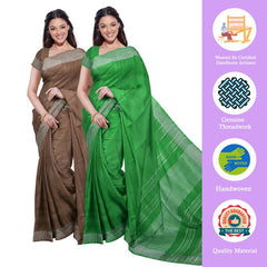 Brown & Pigment Green women's Bhagalpuri Handloom Cotton-Linen Blend Saree Combo (Pack Of 2) With Running Unstiched Blouse Piece - View 2