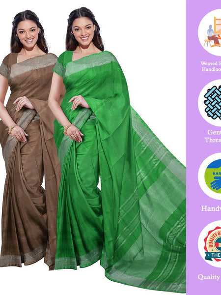 Brown & Pigment Green women's Bhagalpuri Handloom Cotton-Linen Blend Saree Combo (Pack Of 2) With Running Unstiched Blouse Piece - View 2