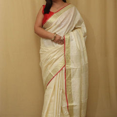 Gold Zari Check Pattern Handloom Bhagalpuri Linen Cotton Blend Saree - View 2