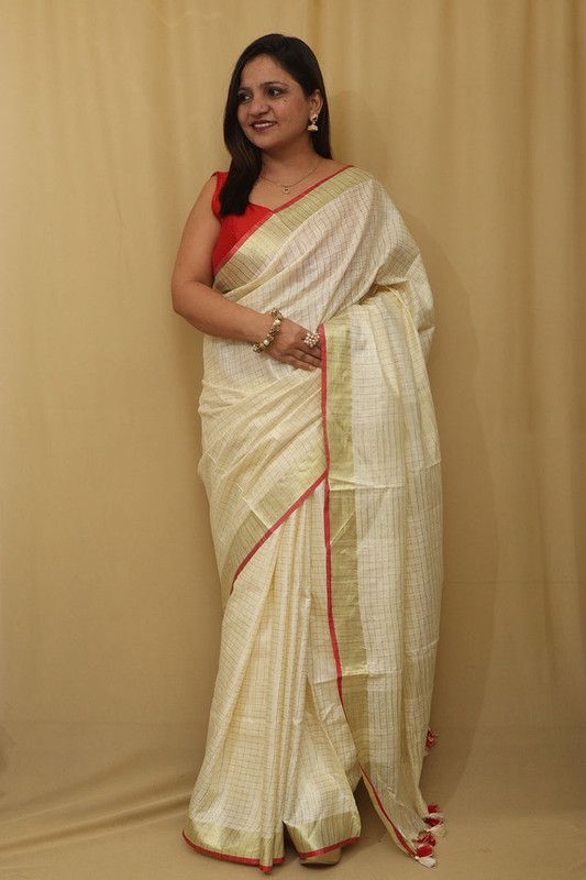 Gold Zari Check Pattern Handloom Bhagalpuri Linen Cotton Blend Saree - View 2