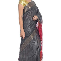 Grey & Cerise Pink Tussar Ghicha Silk Handloom Bhagalpuri Saree with Zari Border - View 3