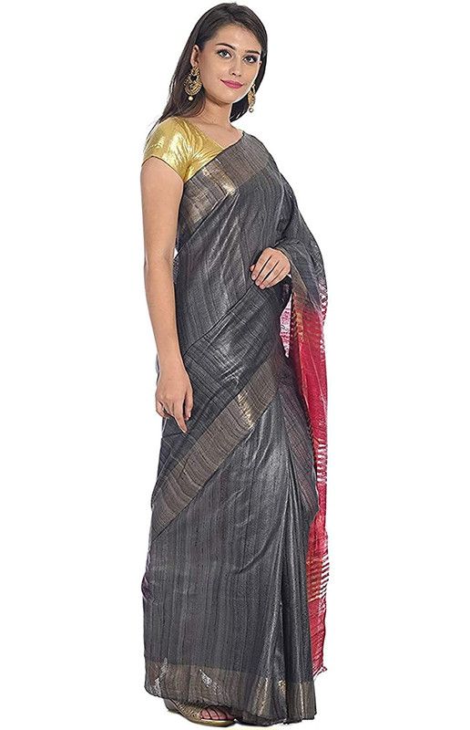 Grey & Cerise Pink Tussar Ghicha Silk Handloom Bhagalpuri Saree with Zari Border - View 3