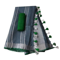 Handloom Bhagalpuri Linen Cotton Blend Contrast Border Saree for Women (12631 Grey-Dark_Green) - View 2