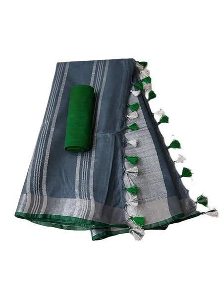 Handloom Bhagalpuri Linen Cotton Blend Contrast Border Saree for Women (12631 Grey-Dark_Green) - View 2