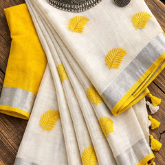 Handwoven Bhagalpuri Linen Blend Embroidered Saree With Contrast Blouse Piece(White_Yellow)